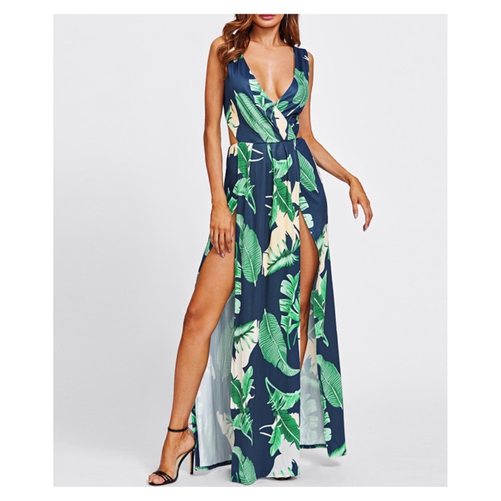 Blue Tropical Print Backless M Slit Maxi Dress - Picture 2 of 5